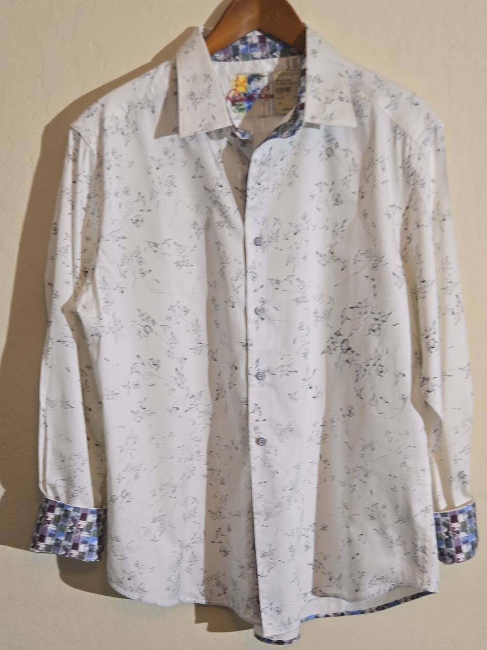Robert Graham White Shirt with Navy Floral Sketch and Patterned Cuffs